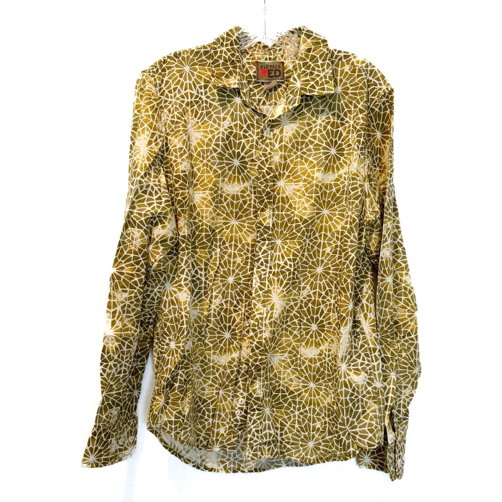 "Vintage Red" Men's Goldish Green Geometric Print Cotton Button Up Shirt Size M